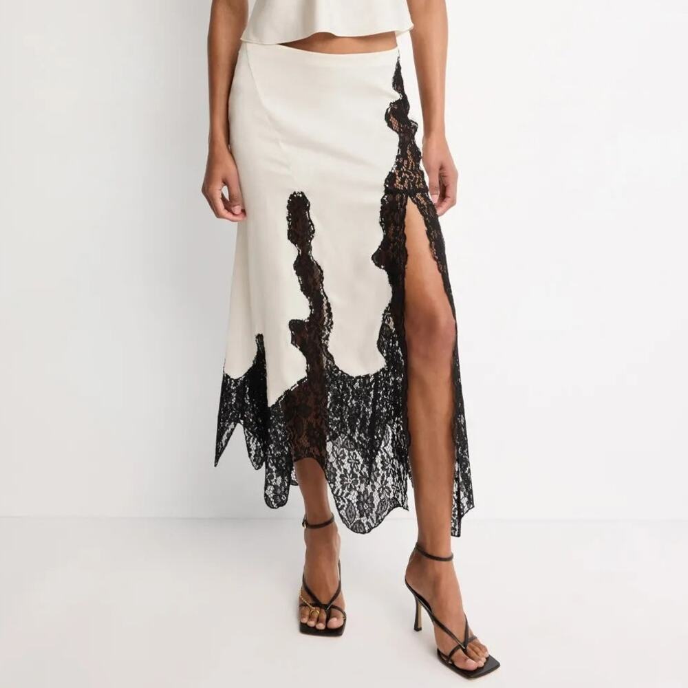 Ronny Kobo Klindy Skirt Lace Trim Asymmetrical Hem Midi Slip White Ivory Black 4